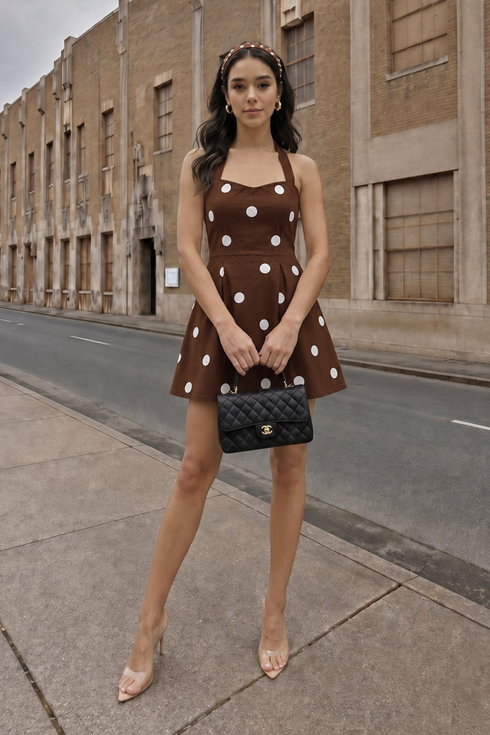 Brown polka dress women