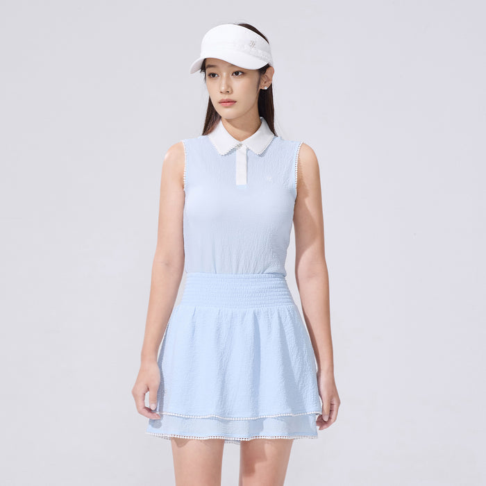 Pom-Pom Seersucker Sleeveless T-Shirt (Blue)