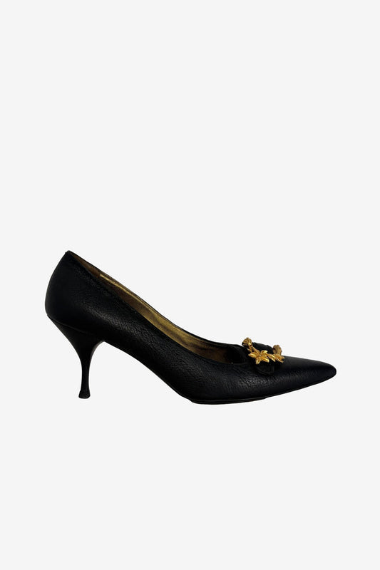 Prada Noir Gold Emblem Pumps