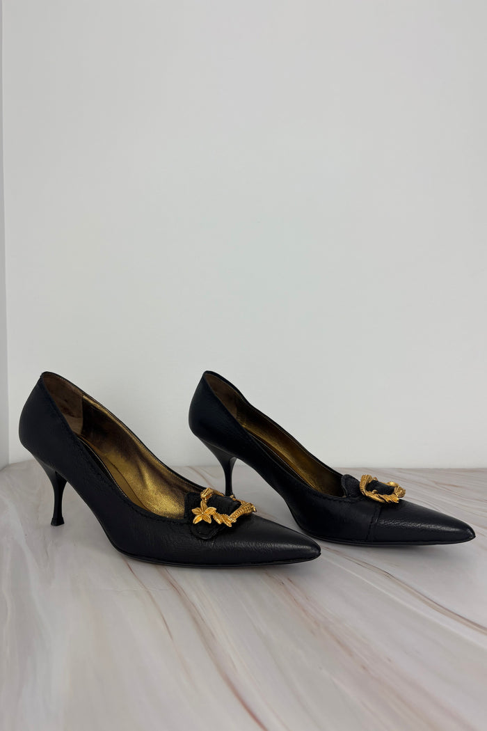 Prada Noir Gold Emblem Pumps