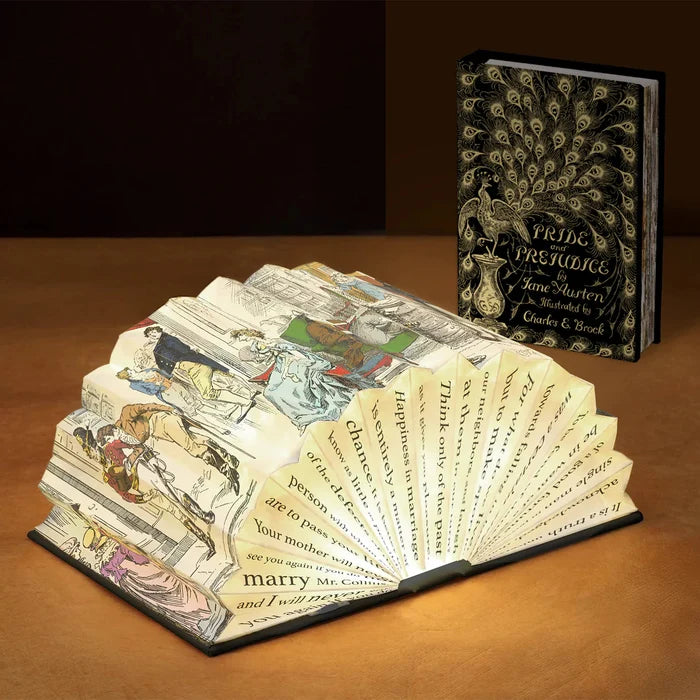 Decorative book with fan-shaped pages and a dark cover on a brown surface.