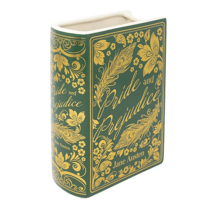 Decorative book-shaped vase with 'Pride and Prejudice' design on a white background