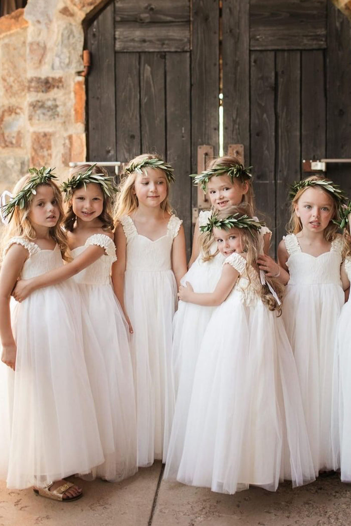 Princess A-Line White Long Flower Girl Dress with Pleats