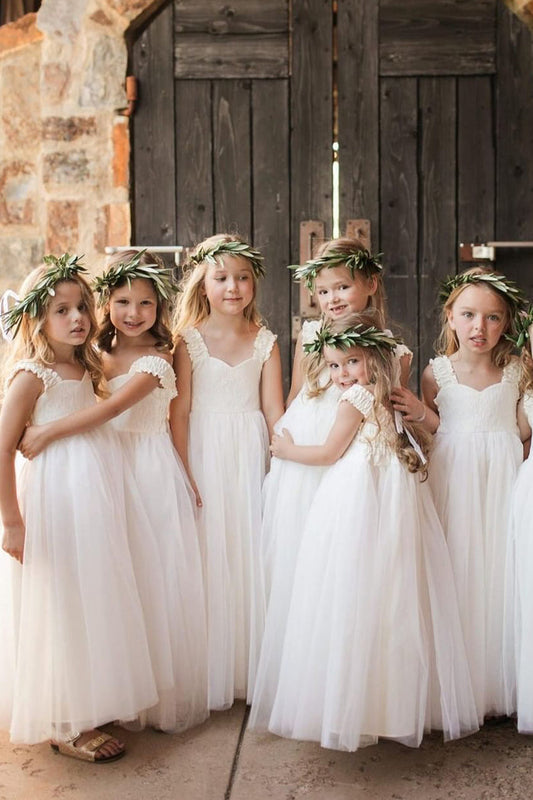 Princess A-Line White Long Flower Girl Dress with Pleats