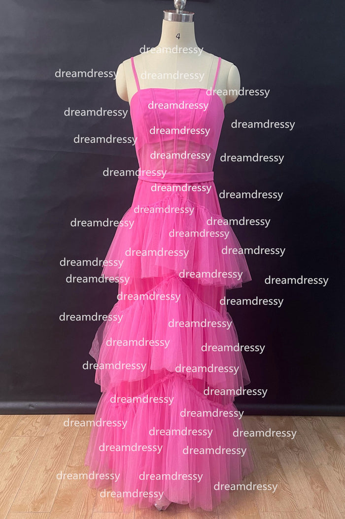 Princess Hot Pink Tulle Tiered Long Dress