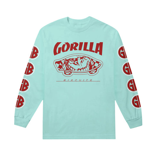 Gorilla Biscuits light blue long-sleeve shirt with “Gorilla Biscuits” text and a red cartoon gorilla face on the front, plus red “GB” logos down both sleeves.