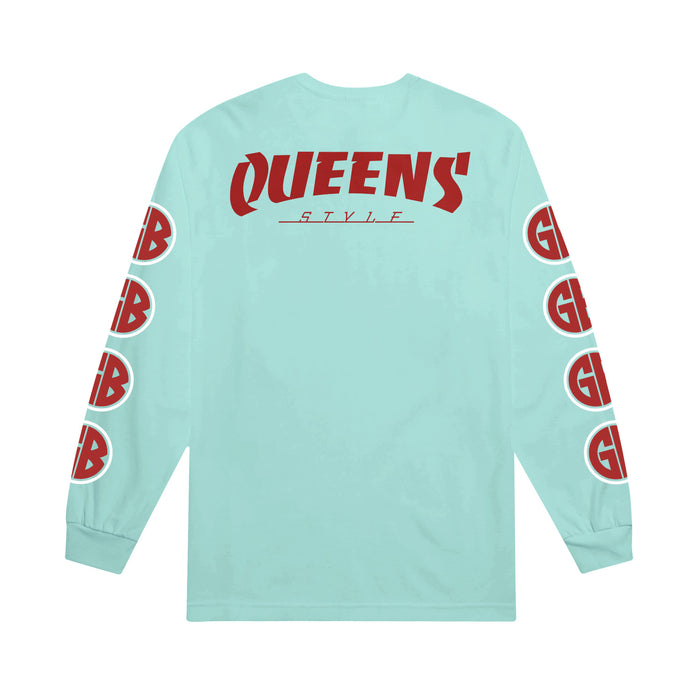 A light blue long-sleeve Gorilla Biscuits shirt featuring QUEENS STYLE in bold red and white on the back, with repeating red GB logos down both sleeves.