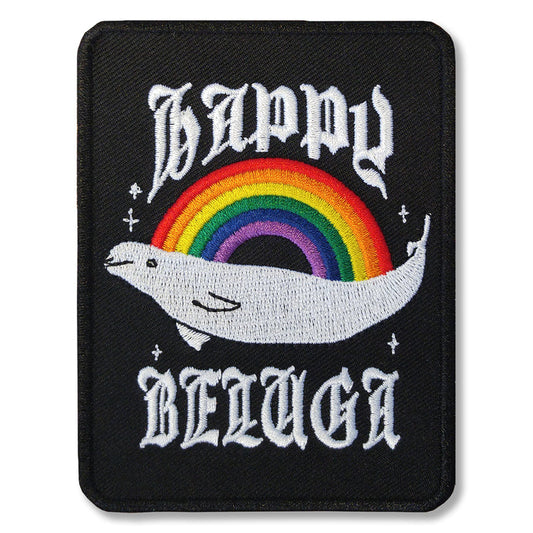 The Tyler Carter patch features a white beluga whale under a rainbow with sparkles, and HAPPY BELUGA embroidered in stylized white text above and below the whale on a black background.