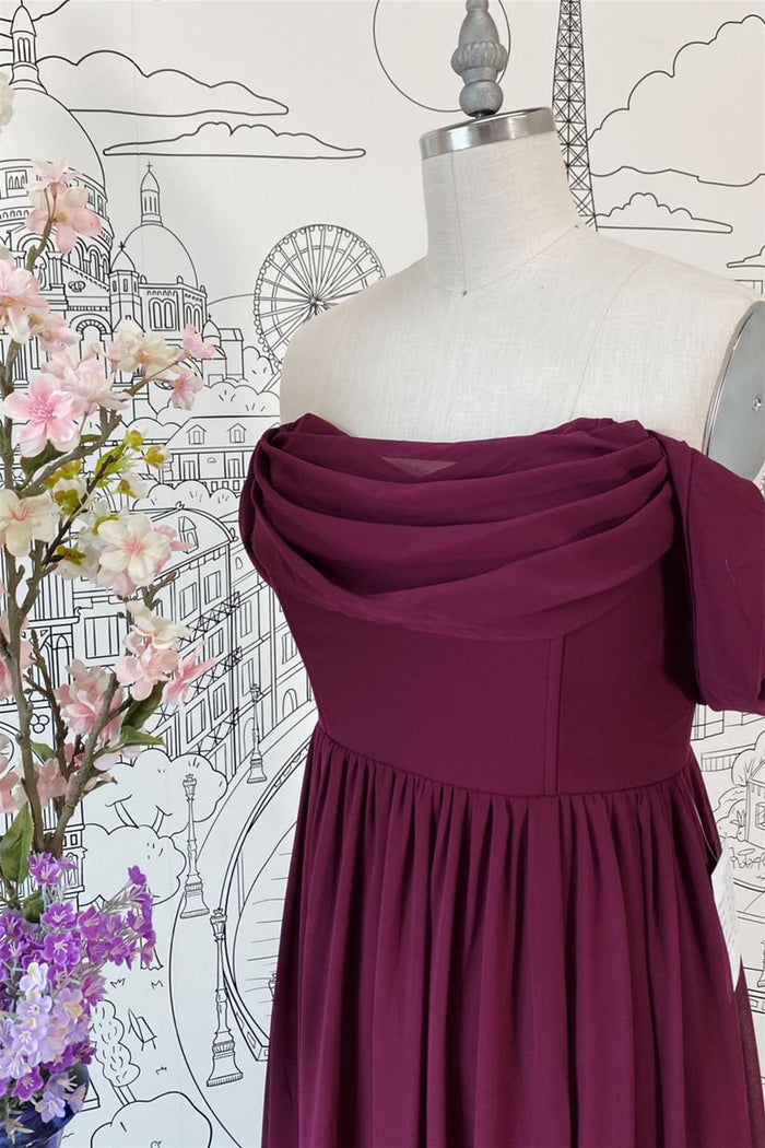 Raspberry Off-the-Shoulder Cowl Neck Chiffon Long Bridesmaid Dress
