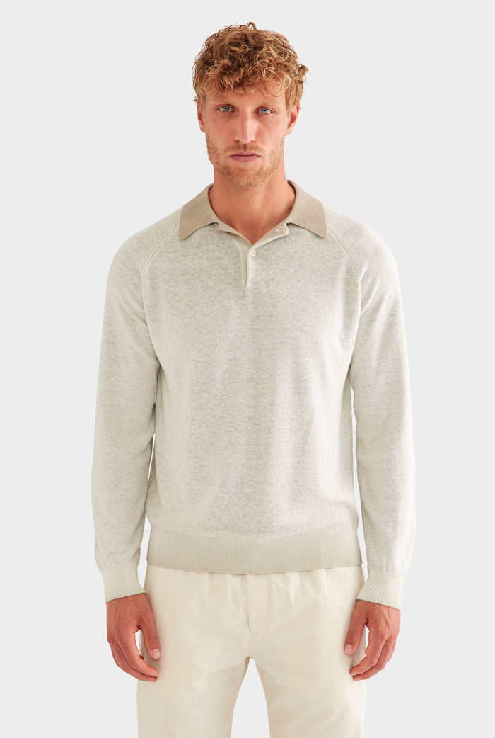Reverse Printed Long Sleeve Knit Polo - Washed Beige