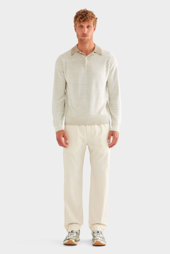 Reverse Printed Long Sleeve Knit Polo - Washed Beige