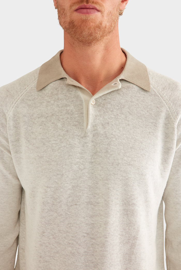 Reverse Printed Long Sleeve Knit Polo - Washed Beige