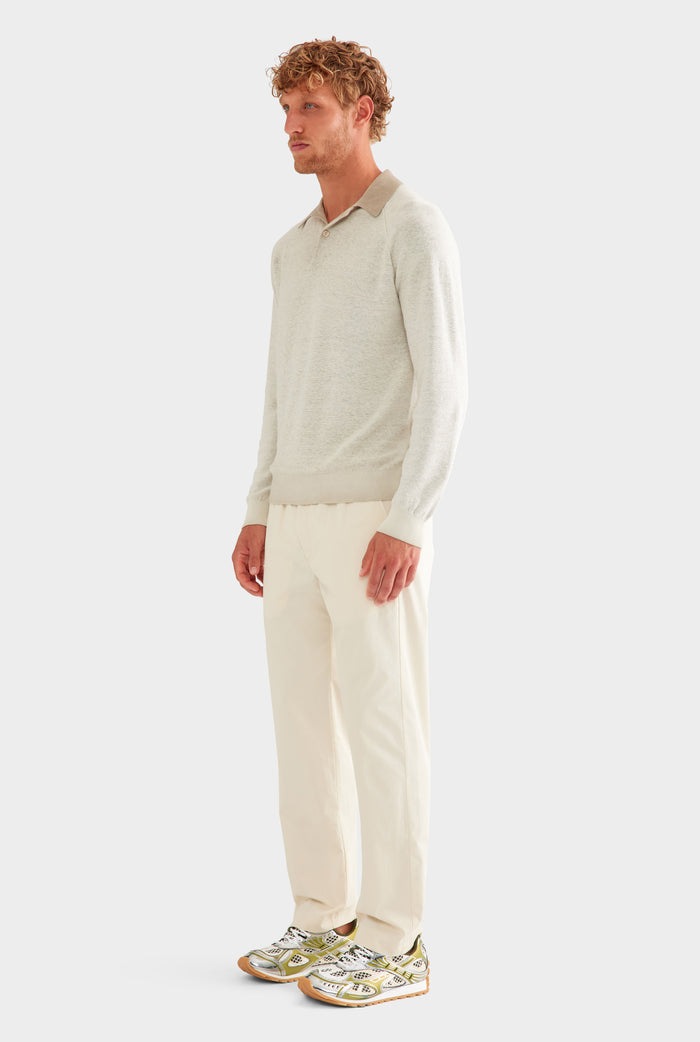 Reverse Printed Long Sleeve Knit Polo - Washed Beige