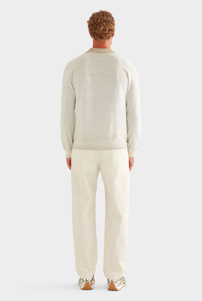 Reverse Printed Long Sleeve Knit Polo - Washed Beige