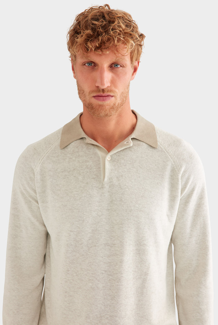 Reverse Printed Long Sleeve Knit Polo - Washed Beige
