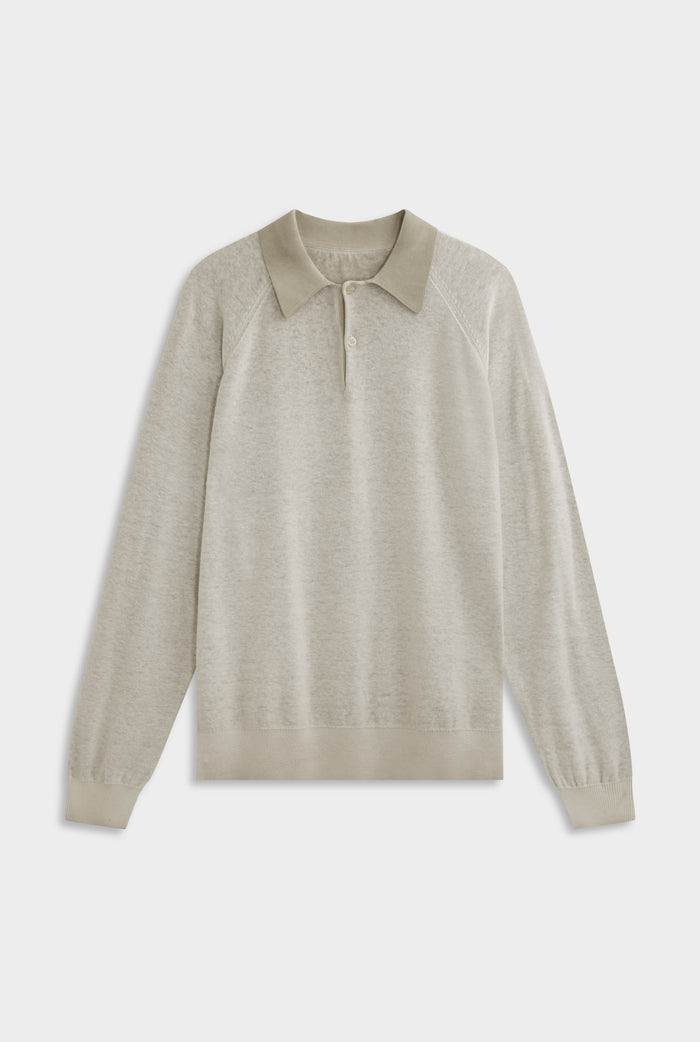 Reverse Printed Long Sleeve Knit Polo - Washed Beige