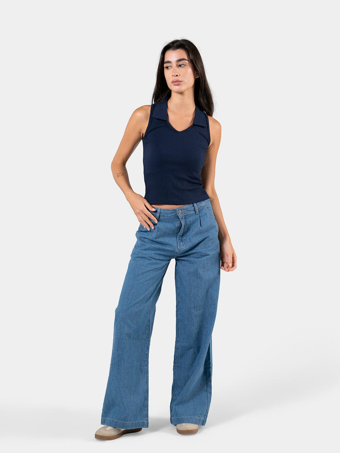 RIBBED COLLARED TANK TOP NAVY 1