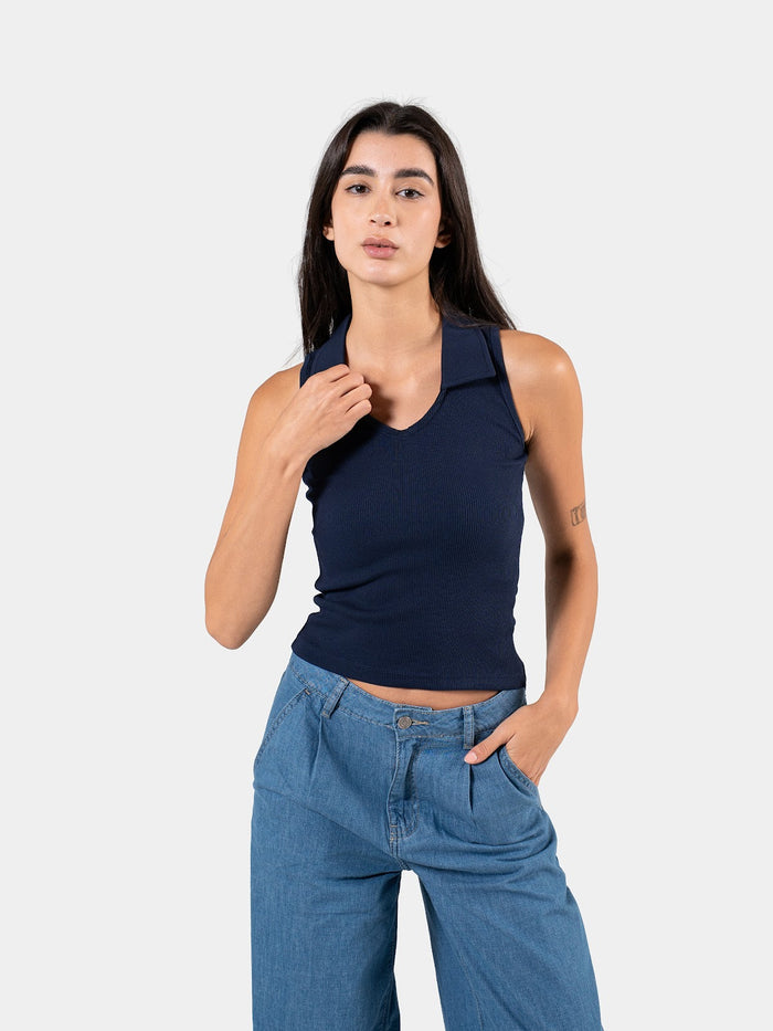 RIBBED COLLARED TANK TOP NAVY 3