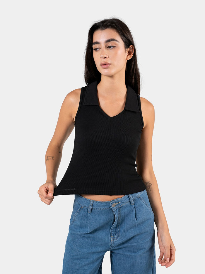 RIBBED COLLARED TANK TOP BLACK 5