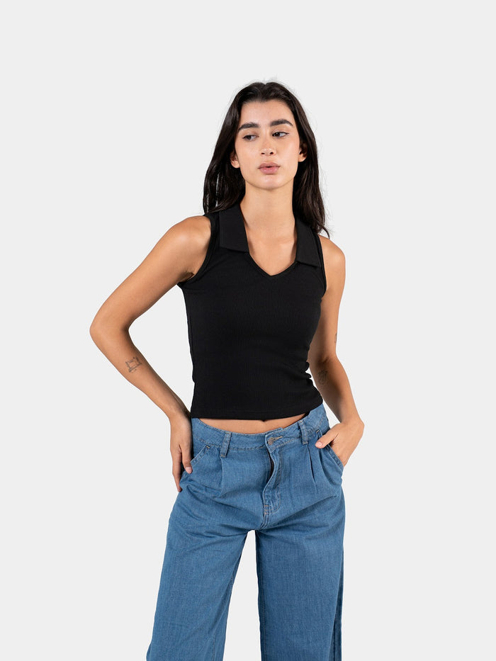 RIBBED COLLARED TANK TOP BLACK 1