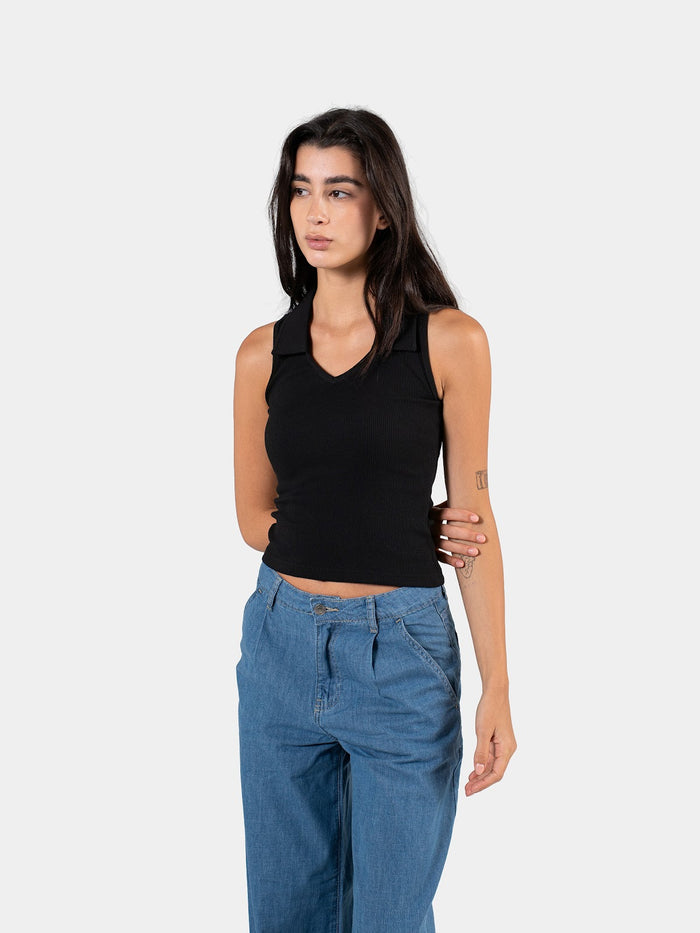 RIBBED COLLARED TANK TOP BLACK 2