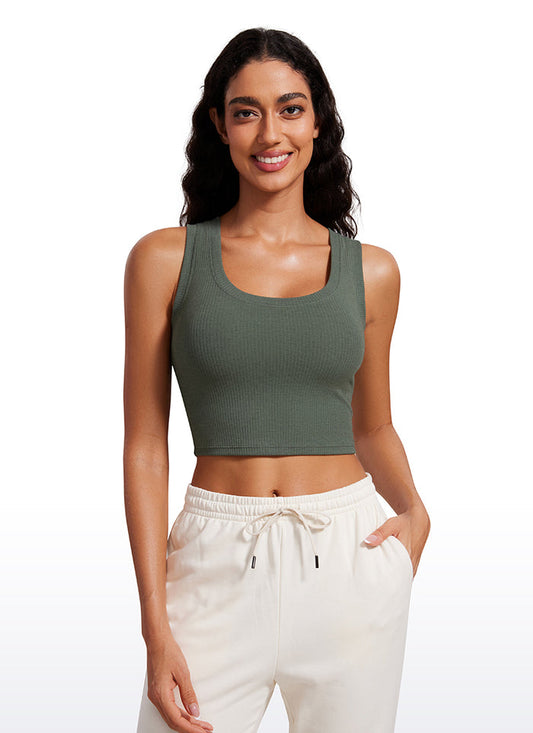CRZ YOGA Women's Yoga Tight Fit Ribbed Tank Scoop Neck Cropped Length Grey Sage
