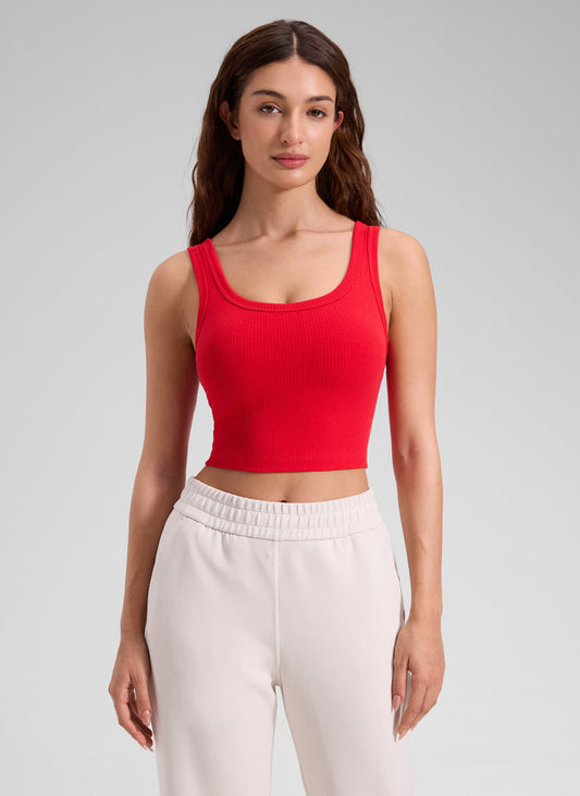 CRZ YOGA Women Longline U Neck Medium Impact Ribbed Sports Bras Deep Red