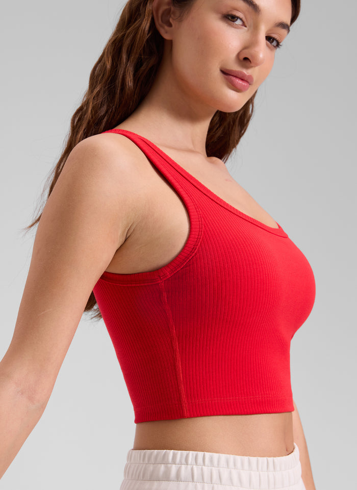 CRZ YOGA Women Longline U Neck Medium Impact Ribbed Sports Bras Deep Red