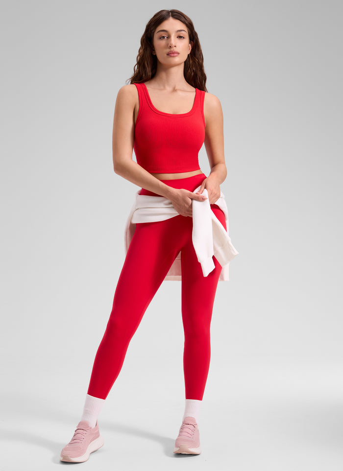 CRZ YOGA Women Longline U Neck Medium Impact Ribbed Sports Bras Deep Red