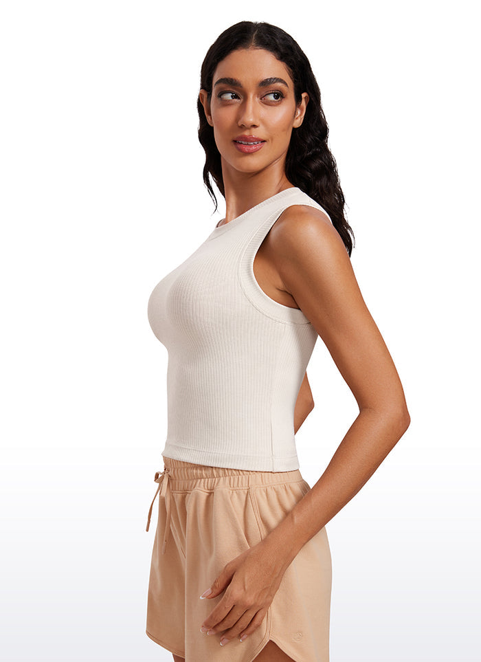CRZ YOGA Women's Yoga Tight Fit Ribbed Tank high Neck Waist Length Milky White