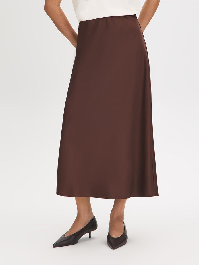 Milk Chocolate Satin Bias-Cut Pull-On Skirt - Front View - Suzy Shier