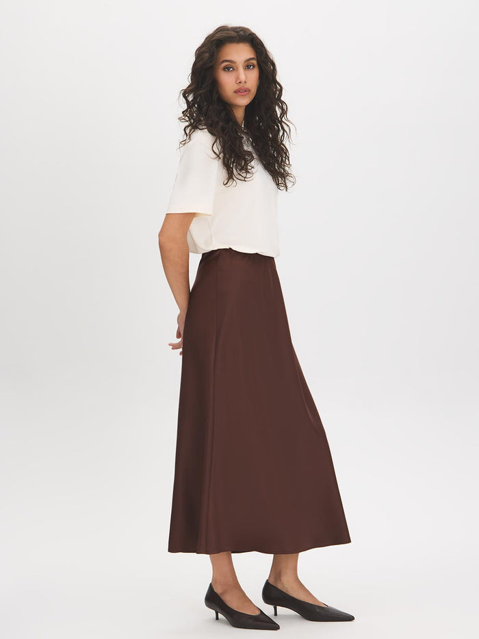 Milk Chocolate Satin Bias-Cut Pull-On Skirt - Side Profile View - Suzy Shier
