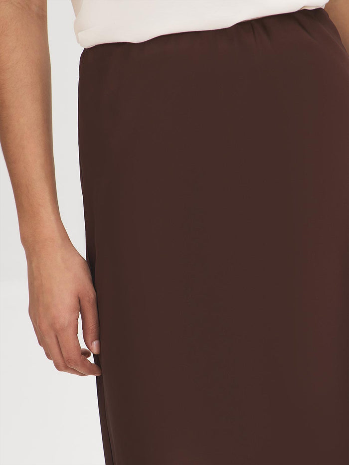 Milk Chocolate Satin Bias-Cut Pull-On Skirt - Close-up Fabric Detail - Suzy Shier