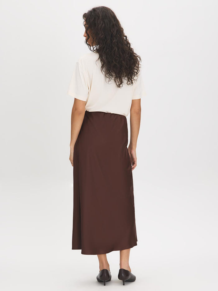 Milk Chocolate Satin Bias-Cut Pull-On Skirt - Back View - Suzy Shier