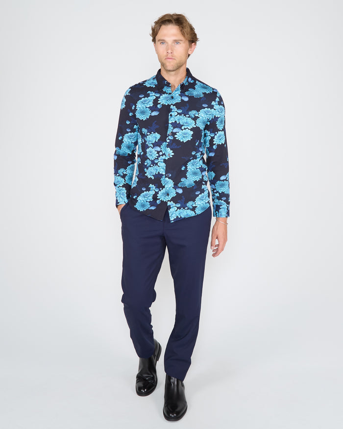 SAWYER SERIOUS FLORAL KNIT SHIRT - NAVY