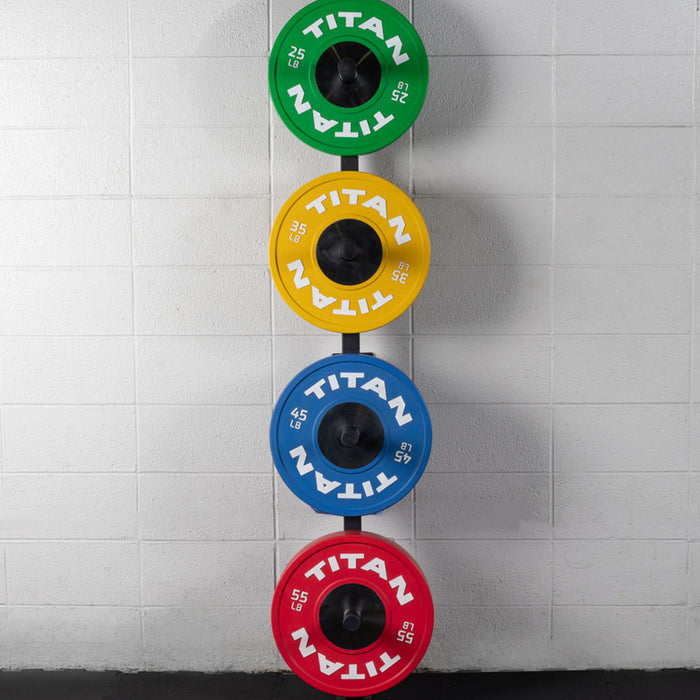 Wall Mounted 4-Peg Olympic Bumper Plate Weight Rack - 84" Tall; 9.5" L x 49mm Sleeves