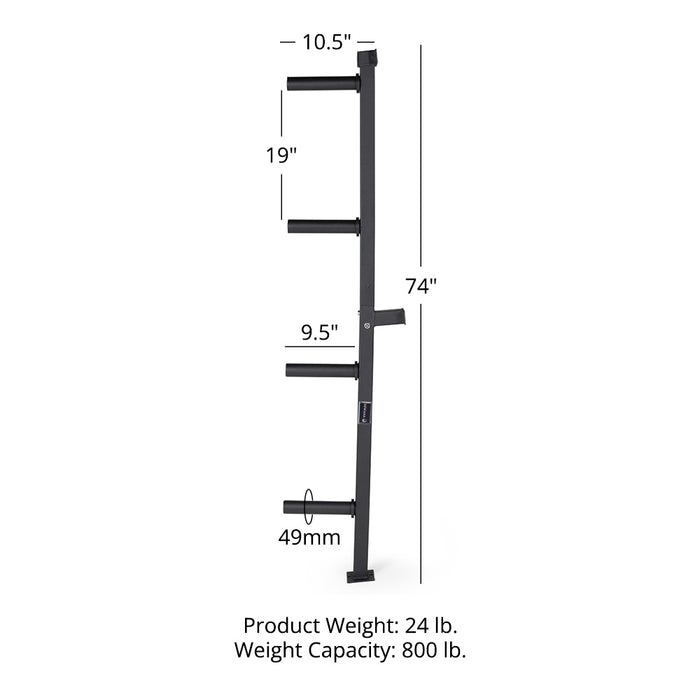 Wall Mounted 4-Peg Olympic Bumper Plate Weight Rack - Dual anchor points in a wall stud and floor allow for a high weight capacity