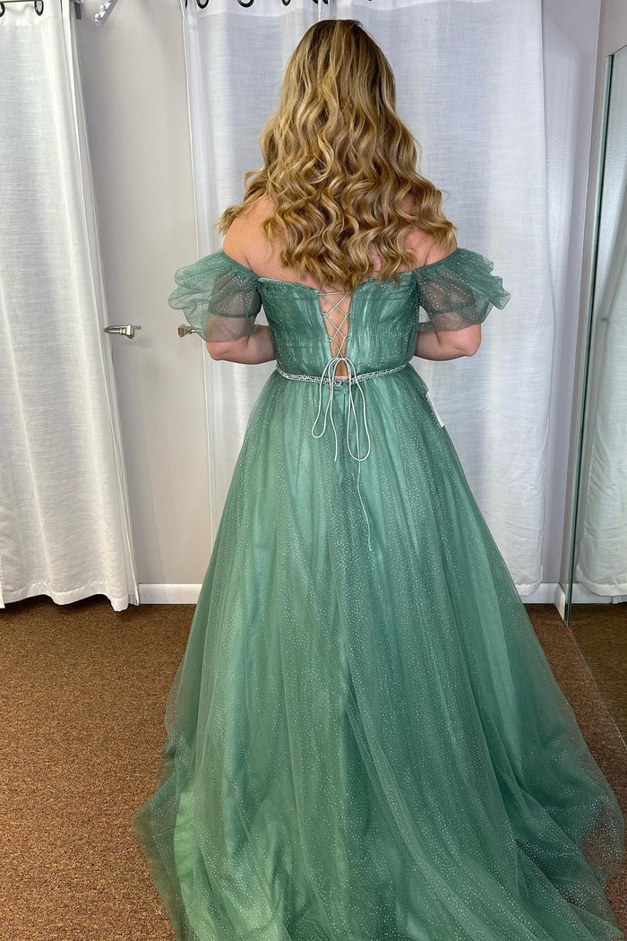 Sea Glass Tulle A-line V Neckline Off-Shoulder Long Prom Dress