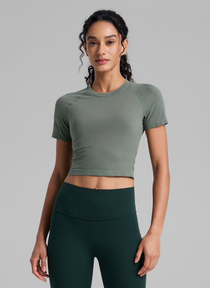 CRZ YOGA Women's Running Slim Fit Shirts Seamless Cropped Short Sleeves Grey Sage