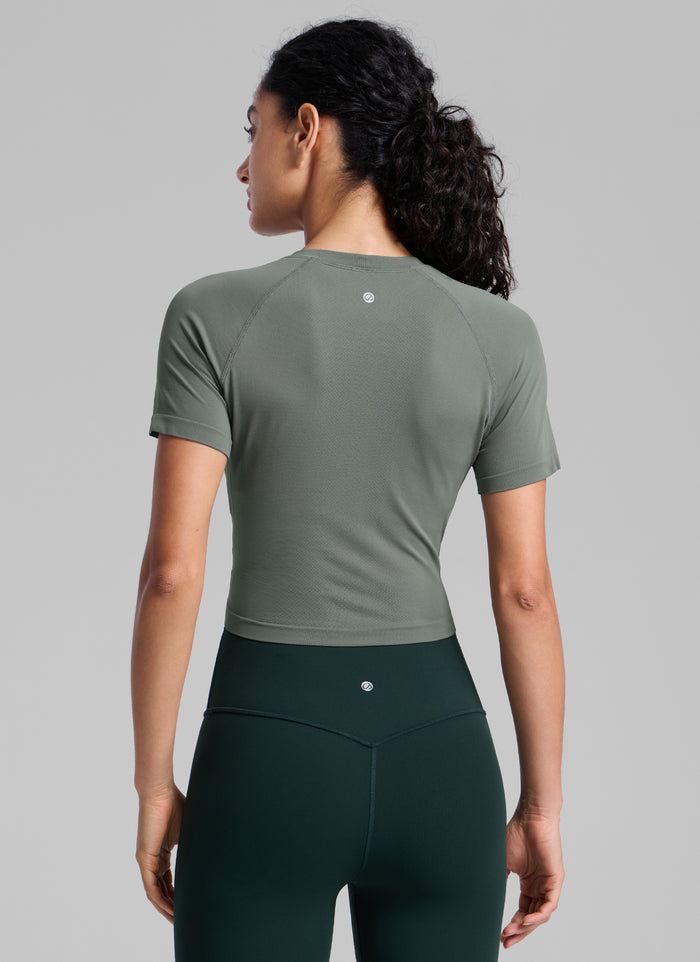 CRZ YOGA Women's Running Slim Fit Shirts Seamless Cropped Short Sleeves Grey Sage