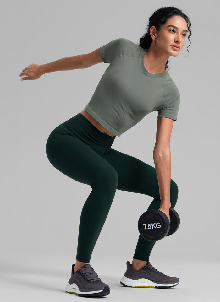 CRZ YOGA Women's Running Slim Fit Shirts Seamless Cropped Short Sleeves Grey Sage