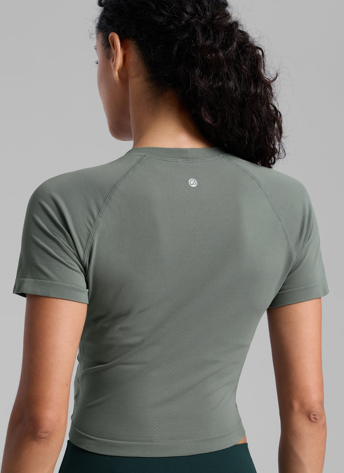 CRZ YOGA Women's Running Slim Fit Shirts Seamless Cropped Short Sleeves Grey Sage