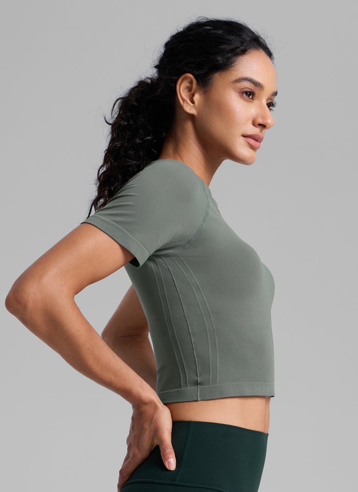 CRZ YOGA Women's Running Slim Fit Shirts Seamless Cropped Short Sleeves Grey Sage