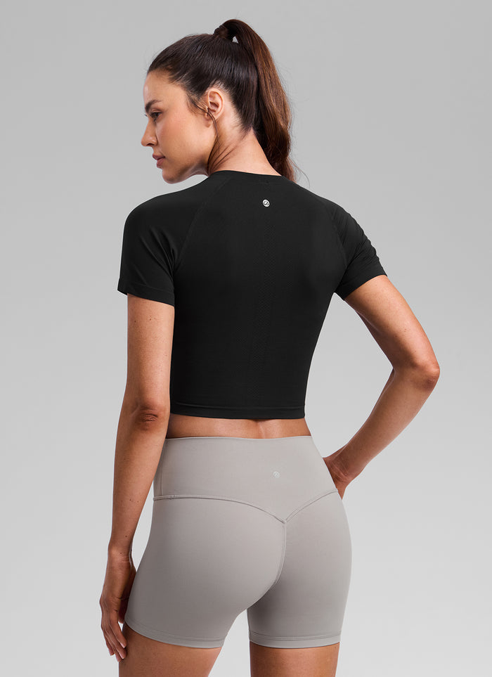 CRZ YOGA Women's Running Slim Fit Shirts Seamless Cropped Short Sleeves Black