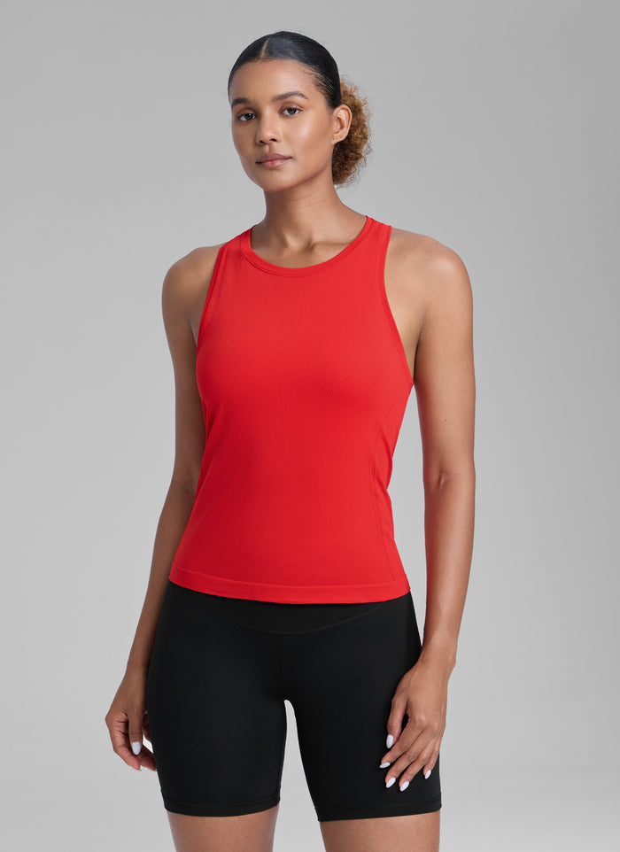 CRZ YOGA Women's Yoga Slim Fit Tops Seamless High Crew Neck Tank Deep Red
