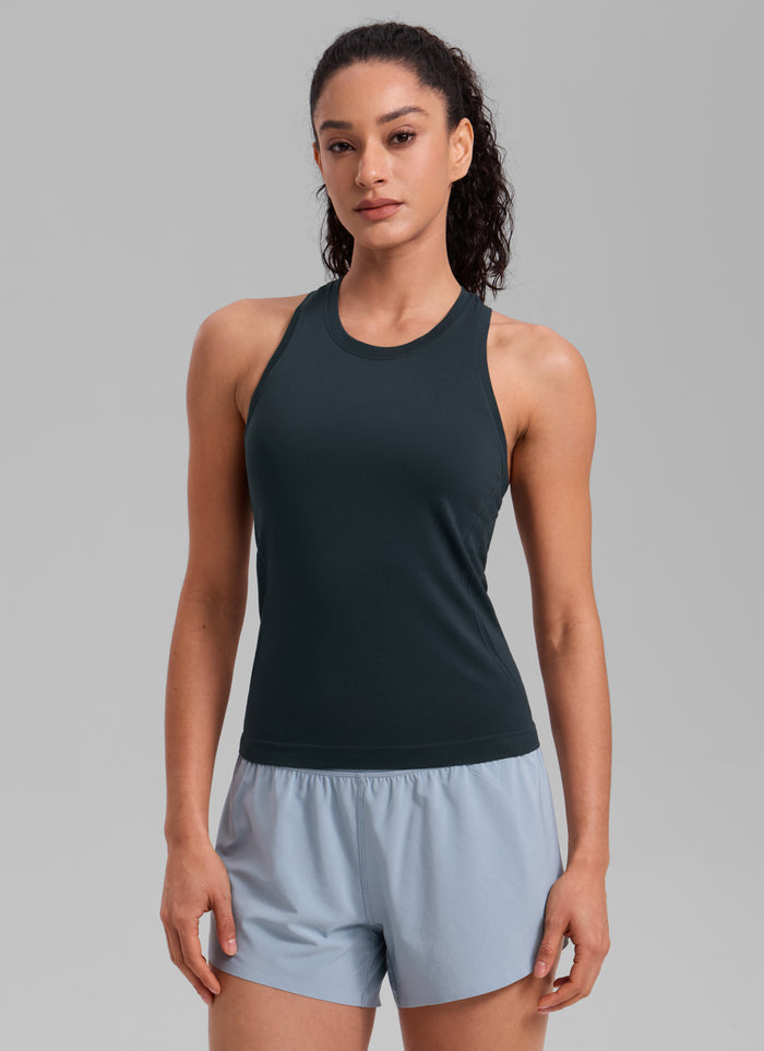CRZ YOGA Women's Yoga Slim Fit Tops Seamless High Crew Neck Tank True Navy
