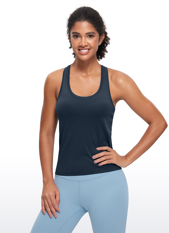 CRZ YOGA Women's Yoga Slim Fit Tops Seamless Workout Tank Scroop Neck Twilight Blue