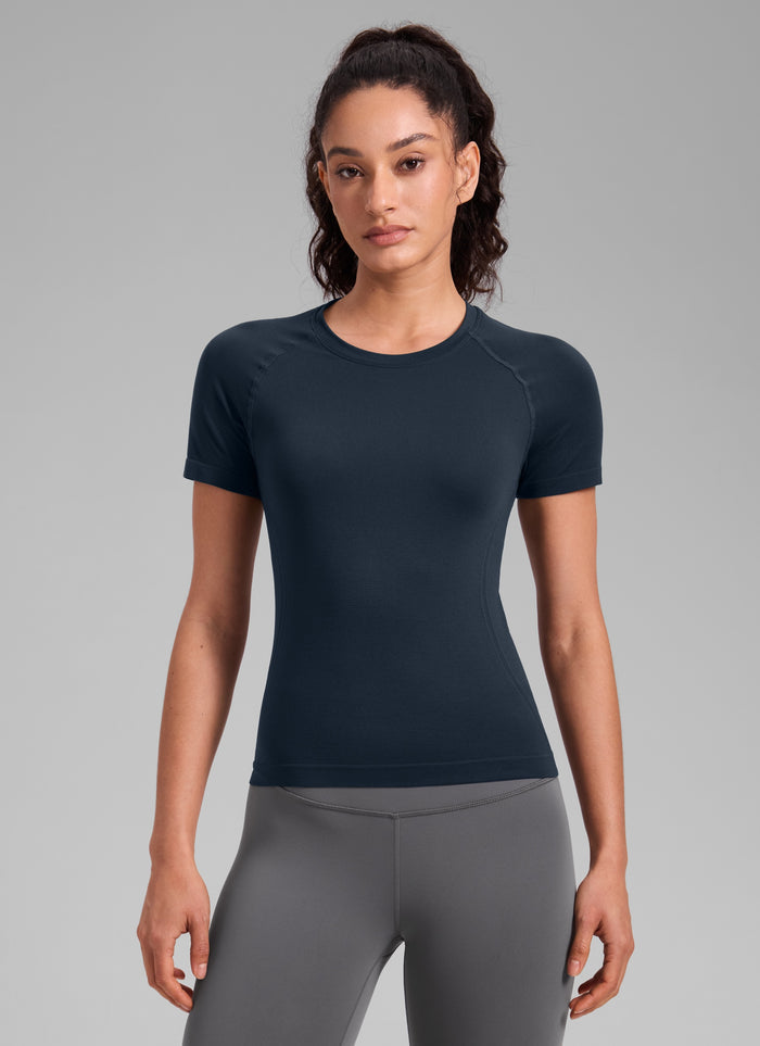 CRZ YOGA Women's Training Classic Fit Shirts Seamless Short Sleeves Twilight Blue