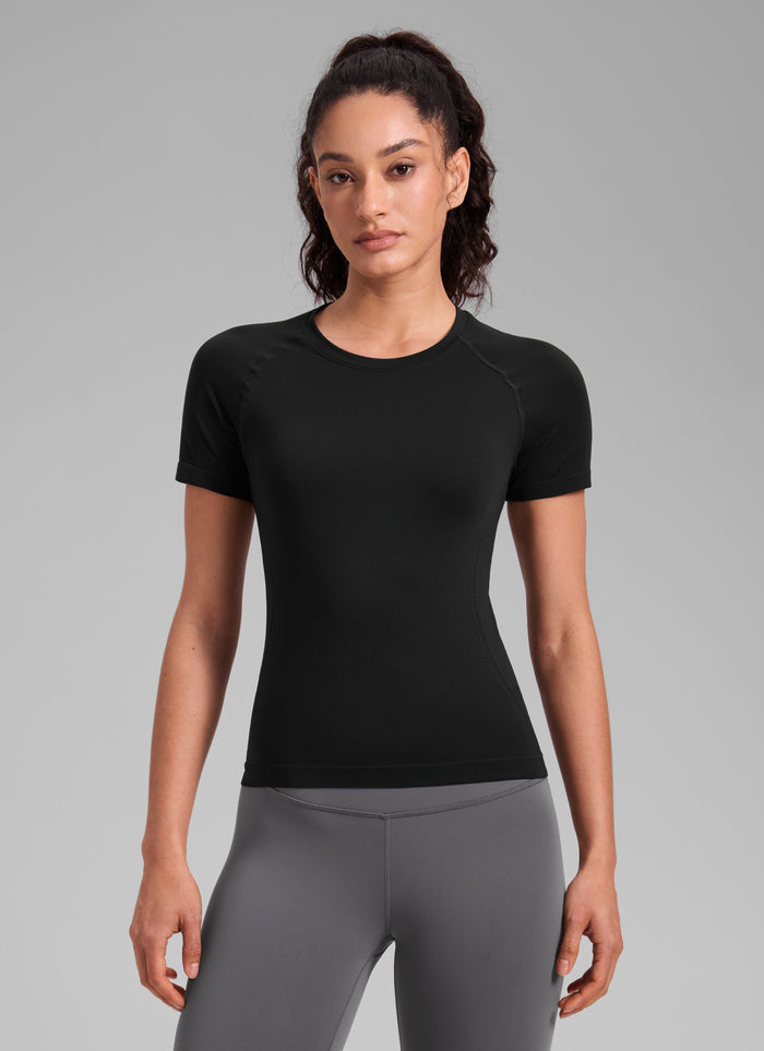 CRZ YOGA Women's Training Classic Fit Shirts Seamless Short Sleeves Black