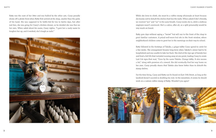 An open book spread showing two pages with printed text and two small photographs related to a story or essay about Casey and rubber stamps.